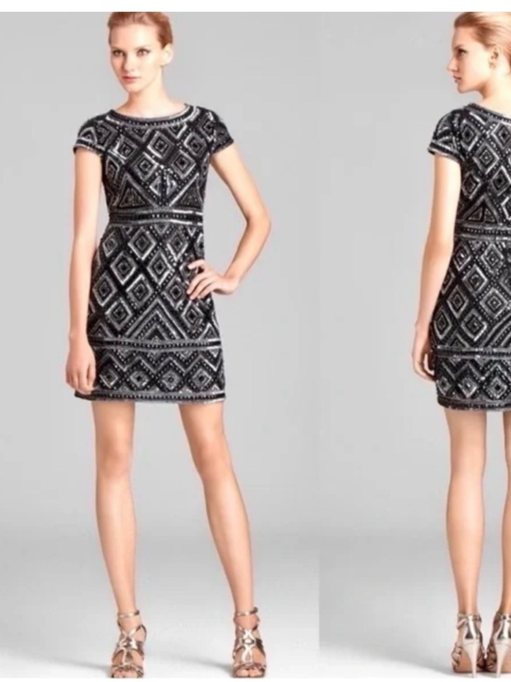 Adrianna Papell Black Beaded Short Sleeve Cocktail Dress